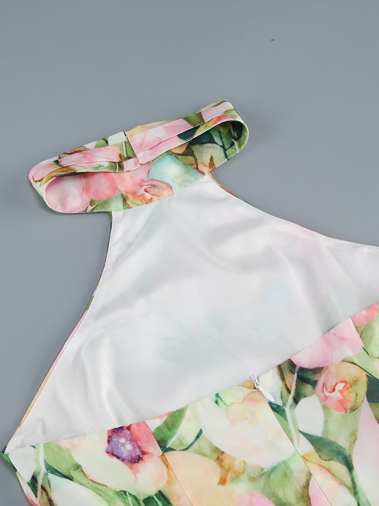 Robe midi asymétrique à fleurs rose et verte Sabina