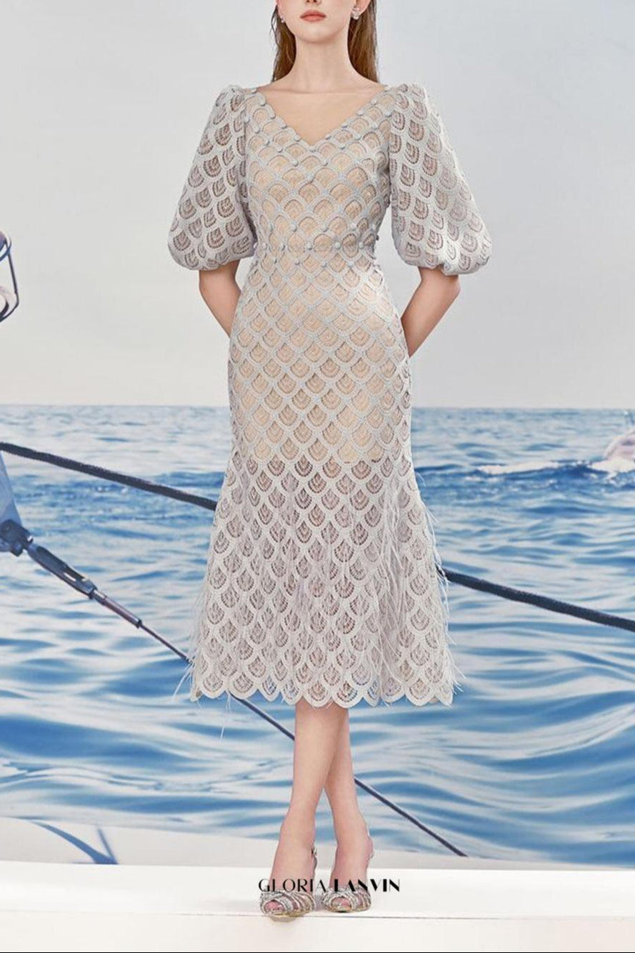 Robe midi en dentelle à manches bouffantes Ciara Trumpet