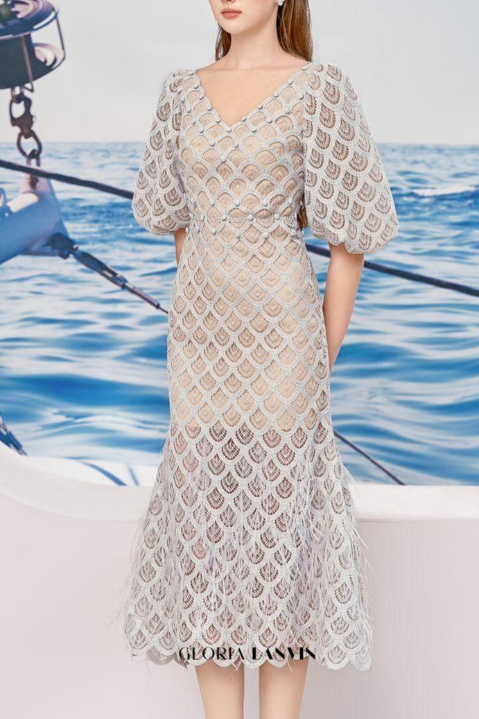 Robe midi en dentelle à manches bouffantes Ciara Trumpet