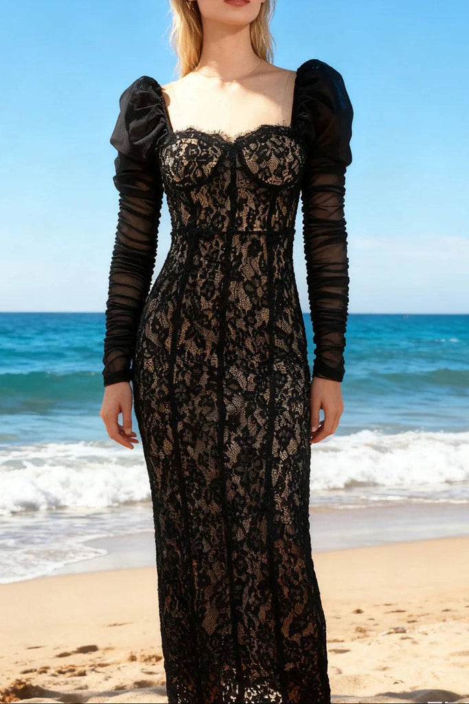 wendy square neck lace maxi dress in black