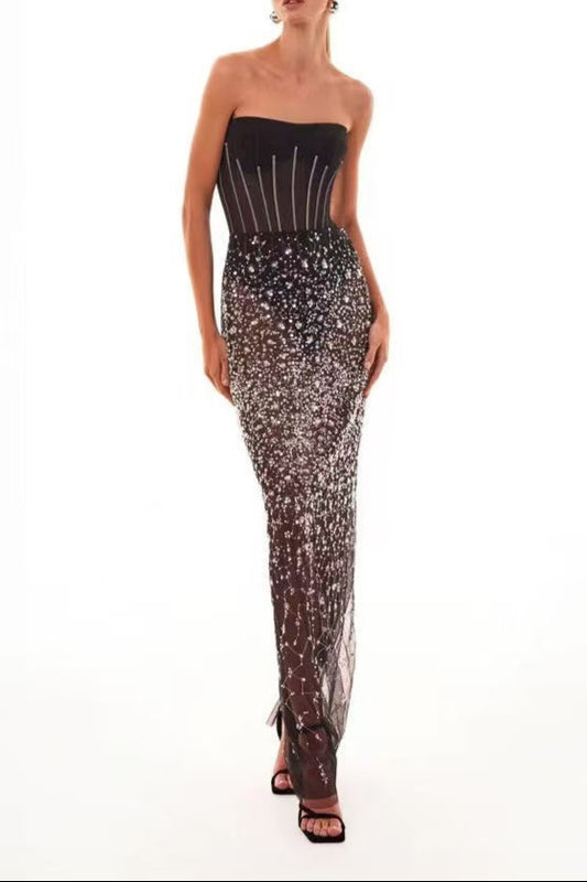 Silberner, komplett mit Pailletten besetzter, taillierter Maxirock, Midnight Walk