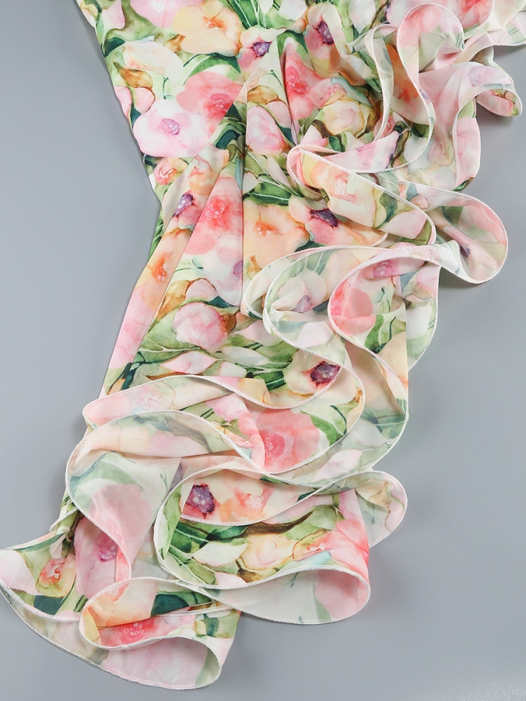 Robe midi asymétrique à fleurs rose et verte Sabina