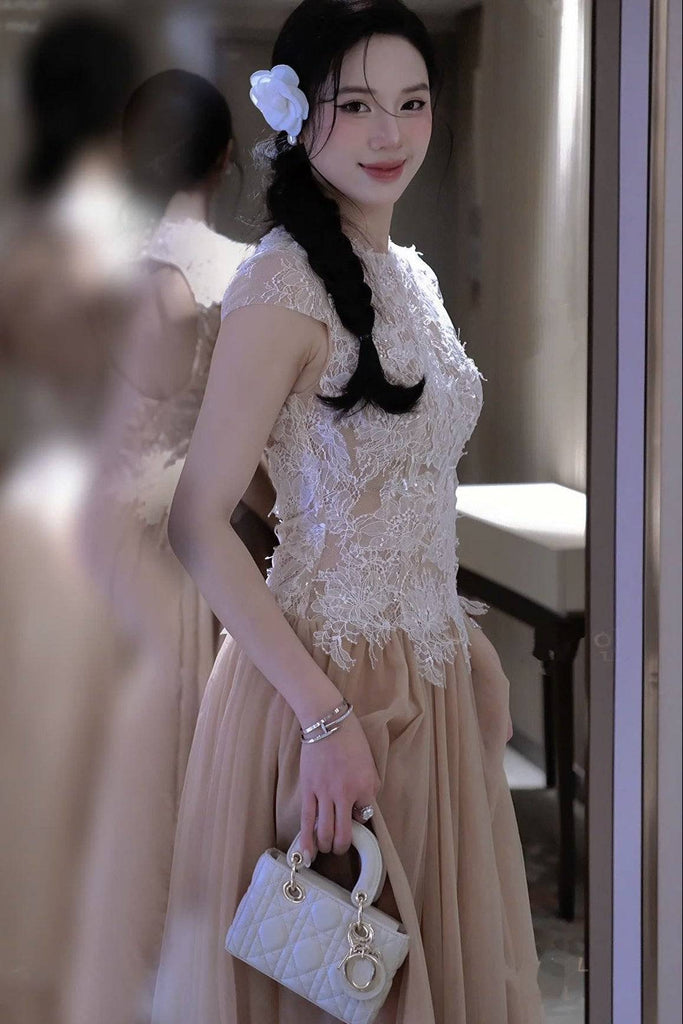 elvira Sequin lace crochet patchwork mesh maxi dress in brown