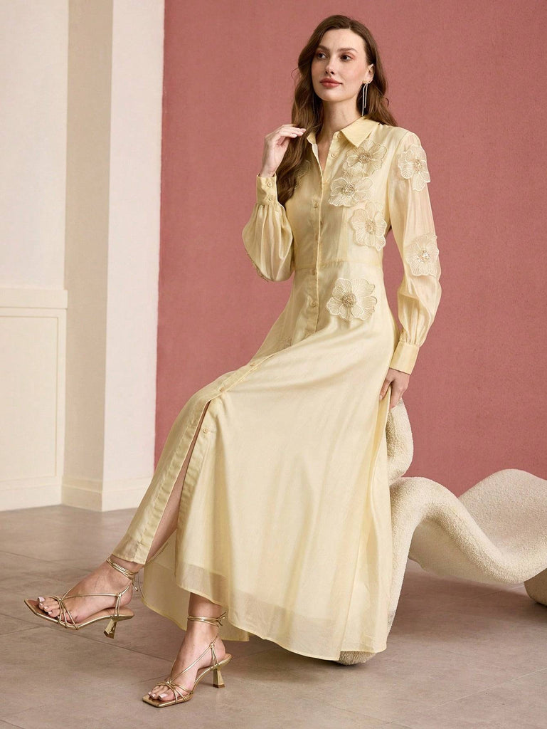 susanna floral Applique Shirt Midi Dress in yellow