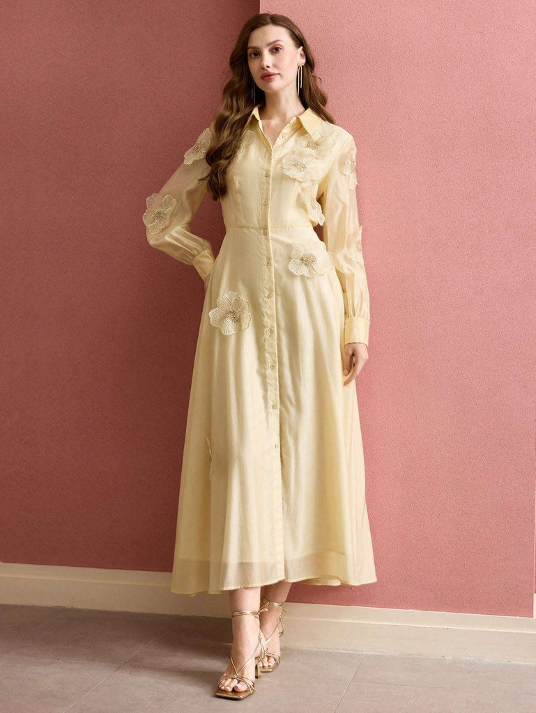 susanna floral Applique Shirt Midi Dress in yellow