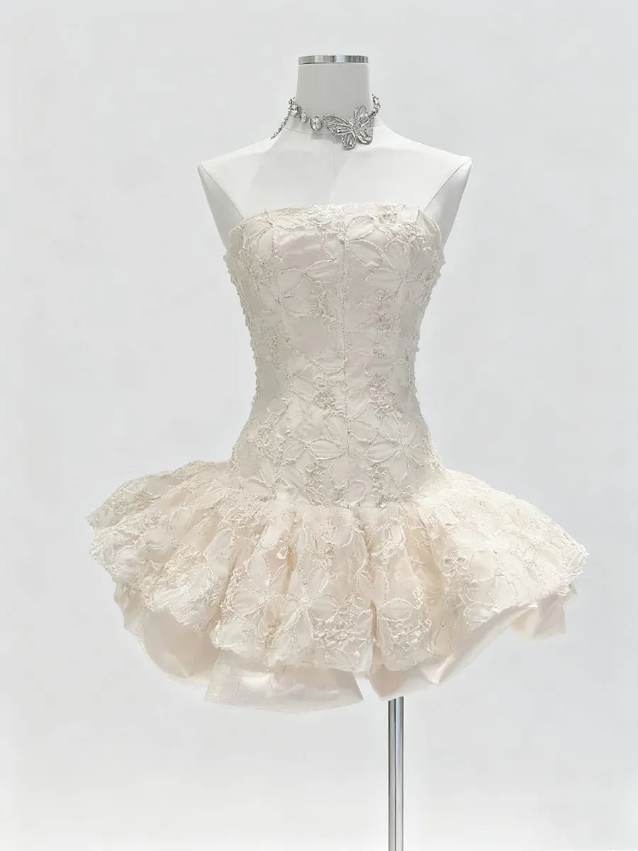 katherine Embroidered Lace Ruffle Mini Dress in pink