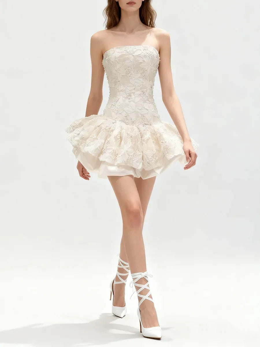 katherine Embroidered Lace Ruffle Mini Dress in pink