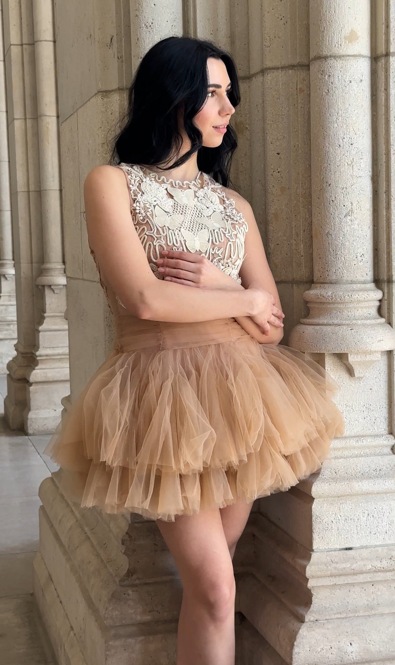 Ballerina | Beiges Tüll-Minikleid mit 3D-Applikation