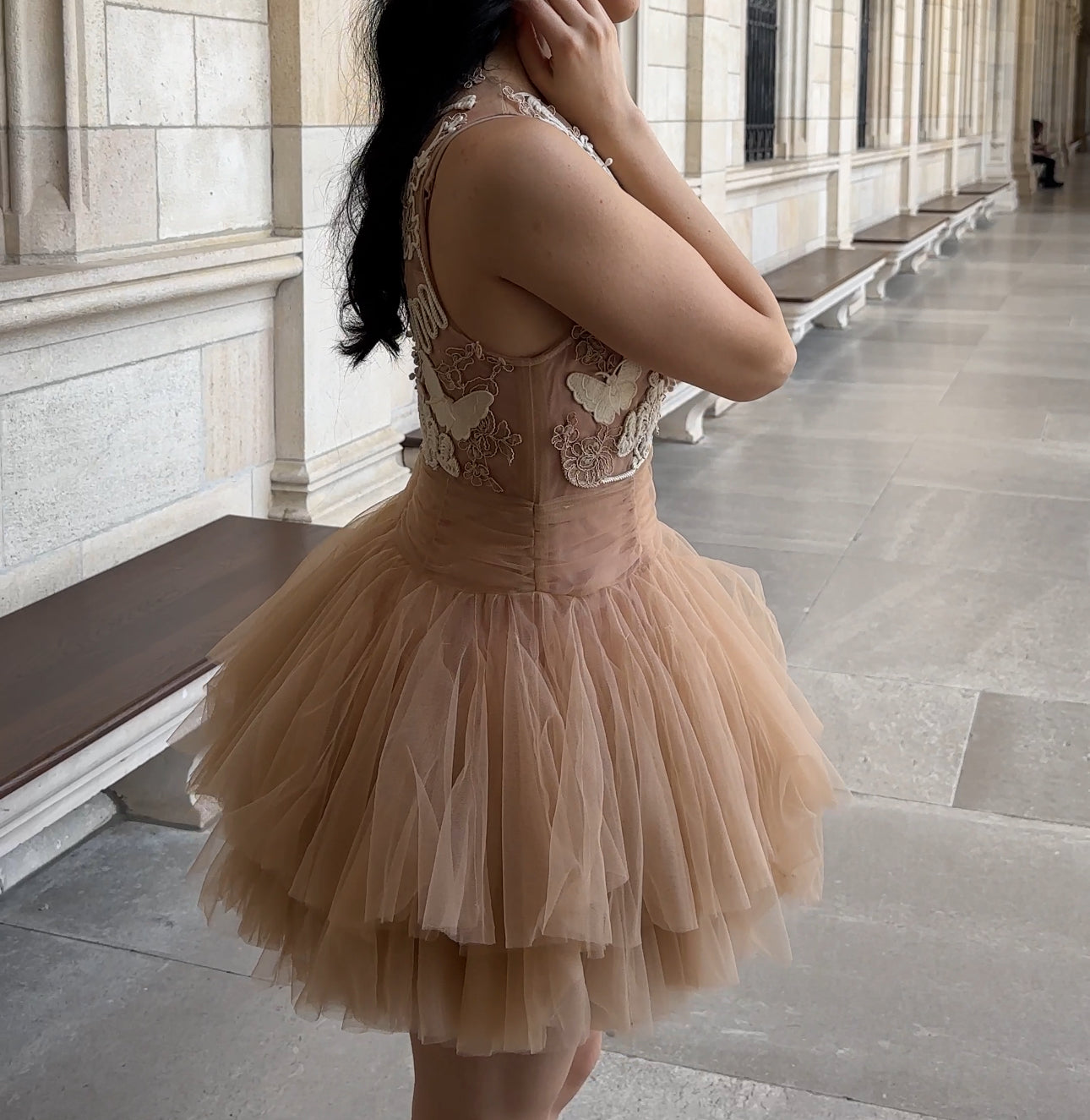 Ballerina | Beiges Tüll-Minikleid mit 3D-Applikation