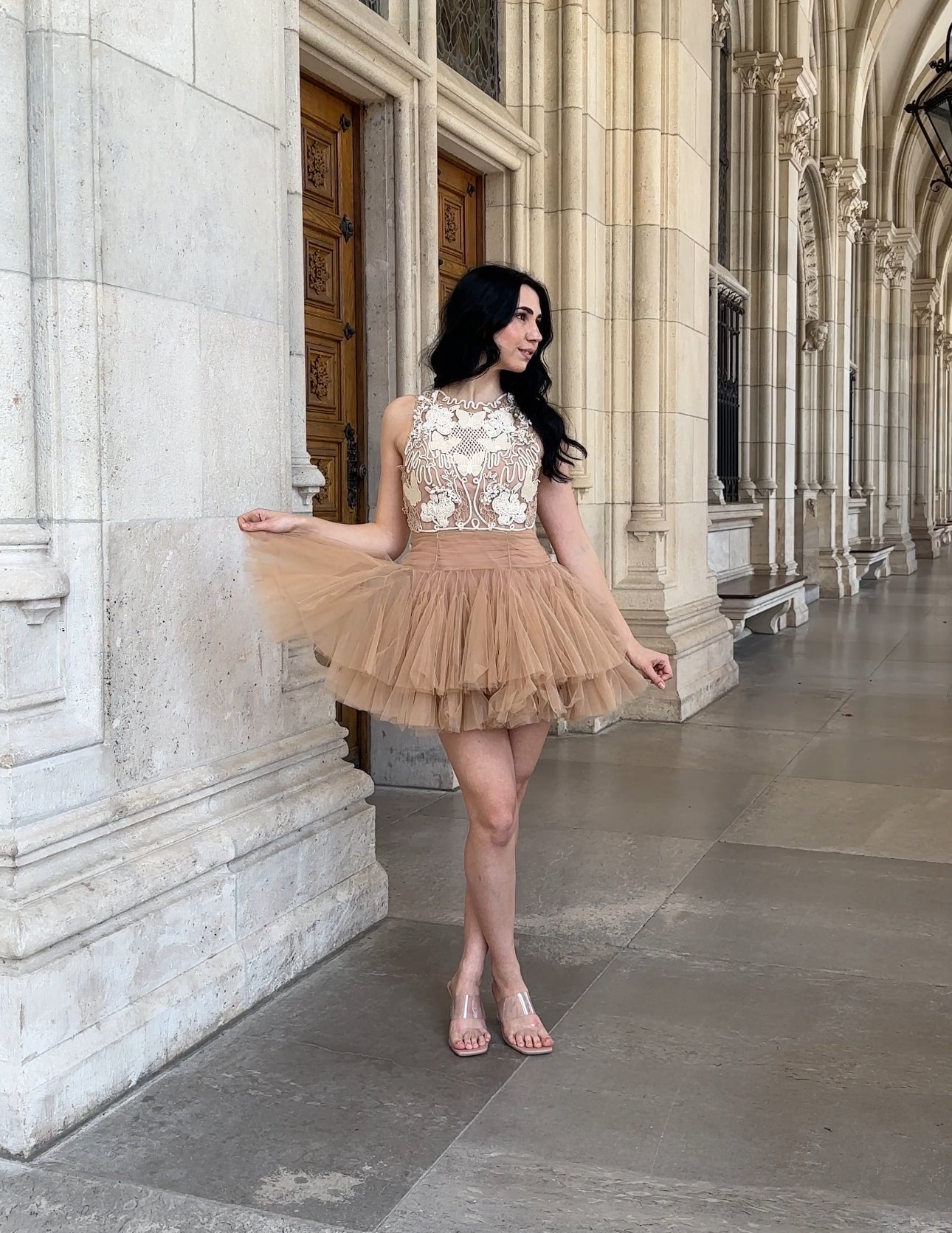 Ballerina | Beiges Tüll-Minikleid mit 3D-Applikation