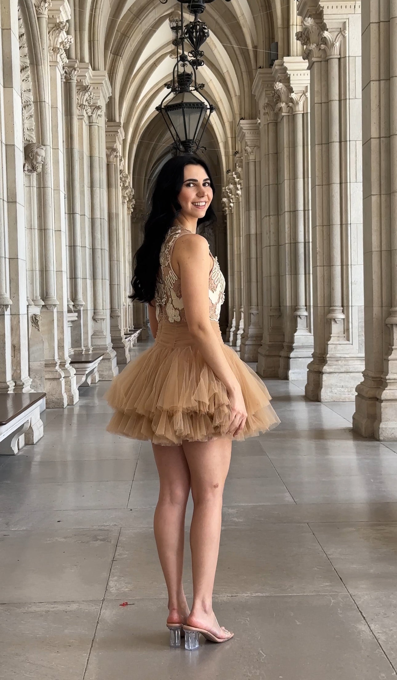 Ballerina | Beiges Tüll-Minikleid mit 3D-Applikation