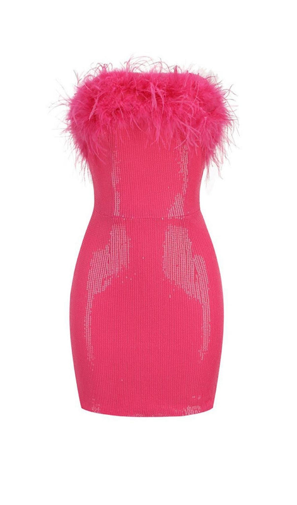 SEQUIN FEATHER STRAPLESS MINI DRESS IN PINK styleofcb 