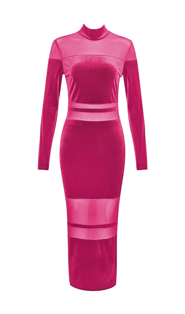 VELVET PERSPECTIVE TULLE STITCHING BAG HIP DRESS IN ROSE RED styleofcb 