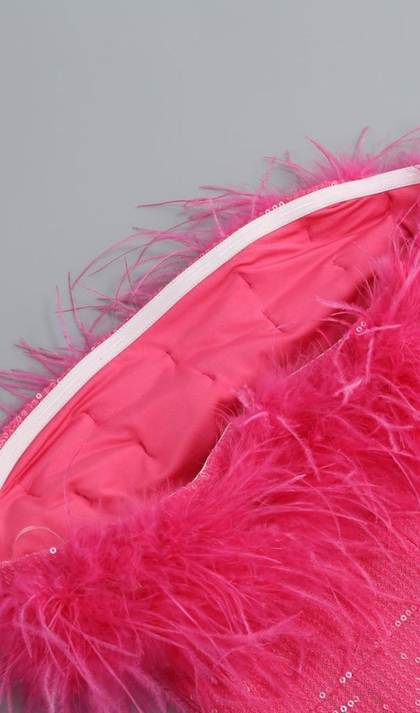 SEQUIN FEATHER STRAPLESS MINI DRESS IN PINK styleofcb 