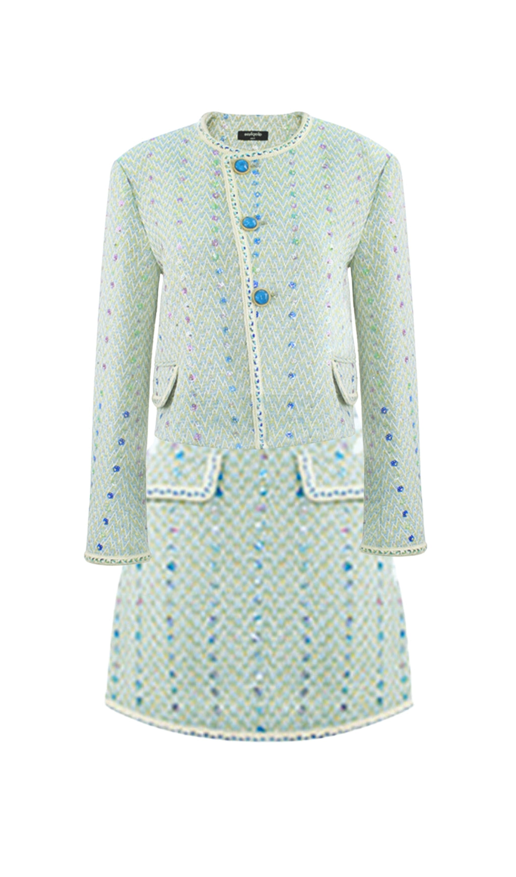 FLORALE TWEED-KNÖPFE-JACKE + MINIROCK