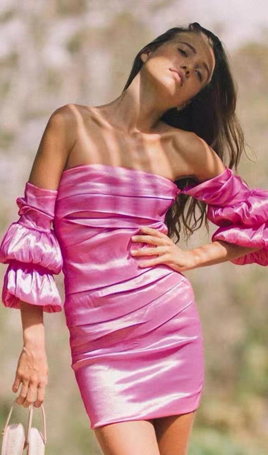 SATIN BARDOT MINI DRESS IN HOT PINK Dresses styleofcb 