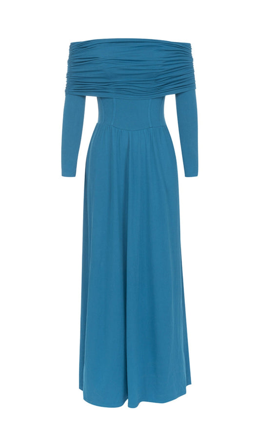 ROBE MAXI SANS BRETELLES BLEU À MANCHES LONGUES