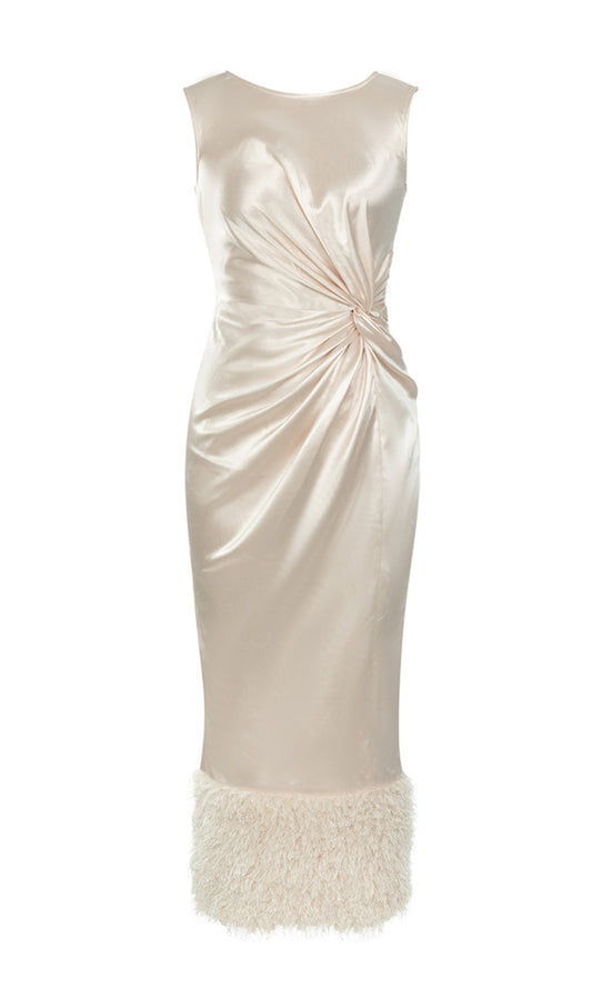 ROBE PLISSÉE SANS MANCHES EN PLUME ABRICOT