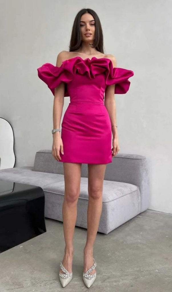 SATIN A-LINE NECKLINE POD RUFFLE MINI DRESS IN PINK styleofcb 