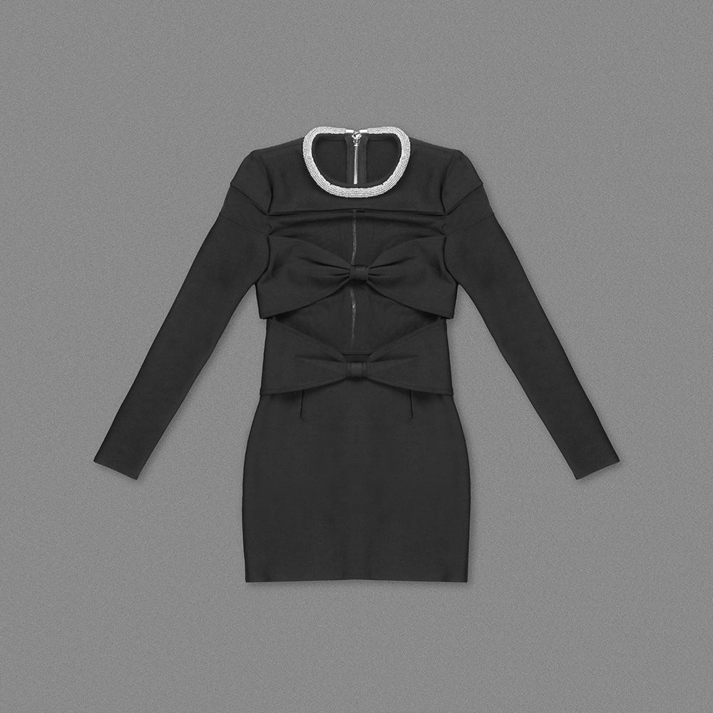 LONG SLEEVE CRYSTAL NECKLINE MINI DRESS