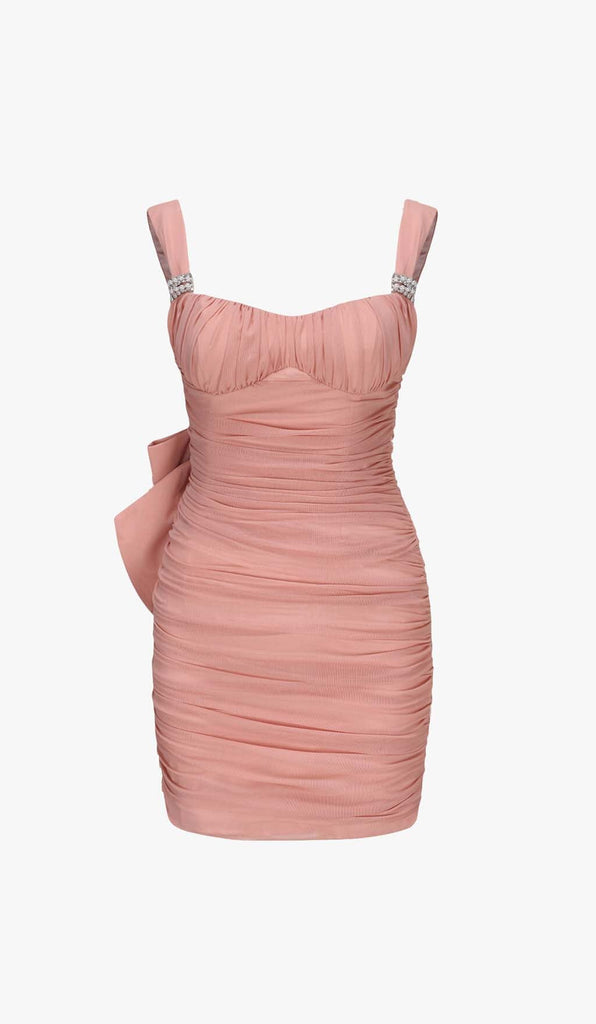 BOW DETAIL PLEATED MINI DRESS WITH GLOVES IN PINK DRESS STYLE OF CB 