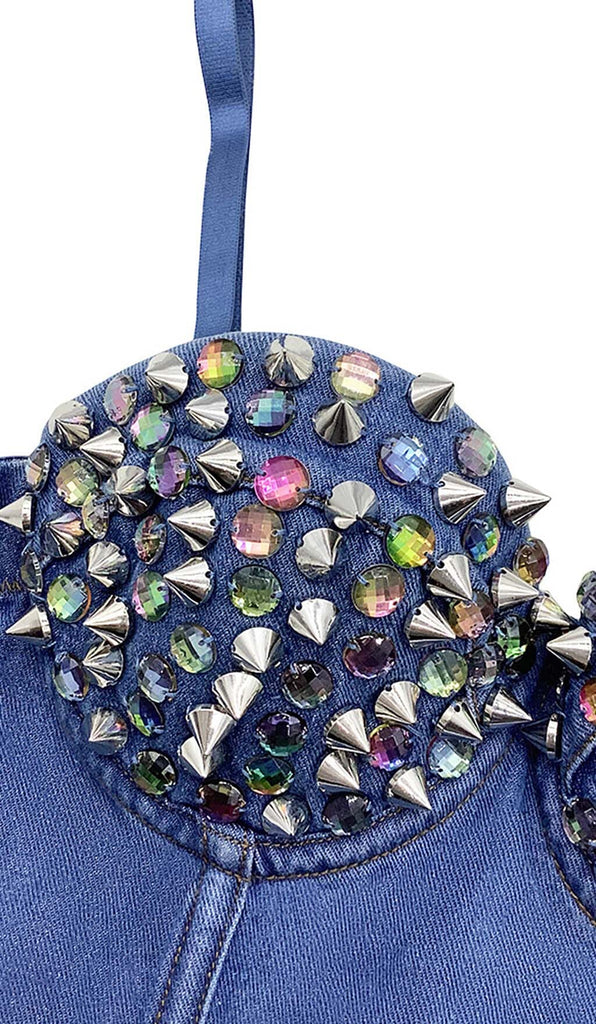 DENIM CRYSTAL CROPPED TOP IN BLUE DRESS STYLE OF CB 