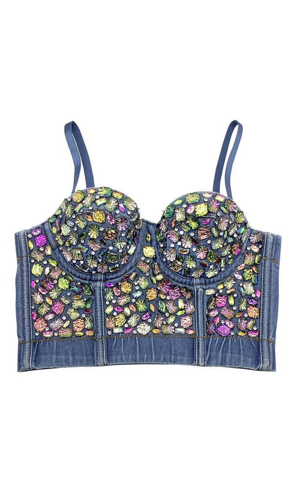 DENIM CRYSTAL EMBELLISHED CROPPED TOP IN NAVY BLUE DRESS STYLE OF CB 