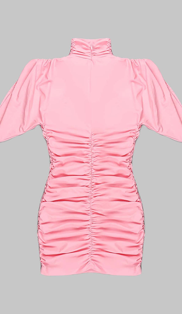 FLOWER-EMBELLISHED RUCHED MINI DRESS IN PINK DRESS STYLE OF CB 