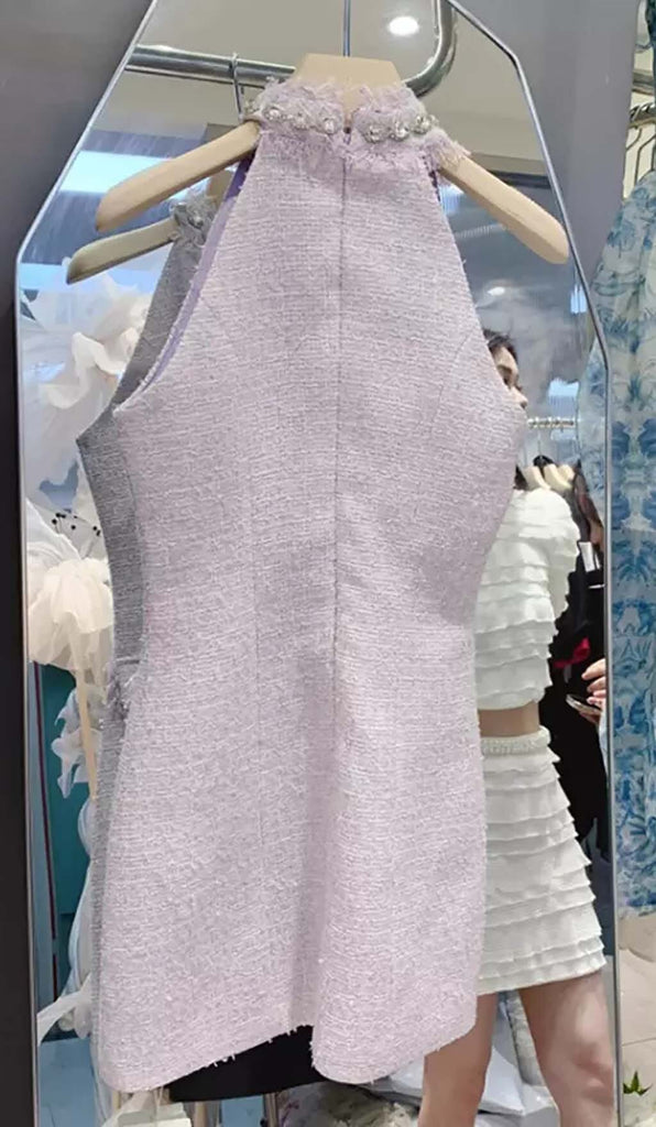 HALTER BOW NECK TWEED MINI DRESS IN LILAC DRESS STYLE OF CB 