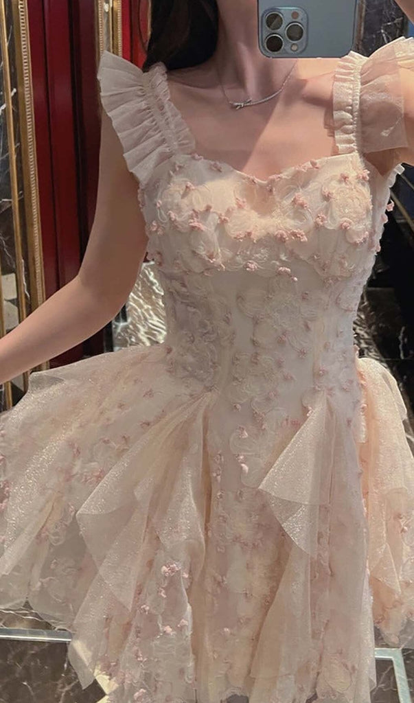 OFF -SHOULDER FLOWER MINI DRESS IN PINK DRESS STYLE OF CB 