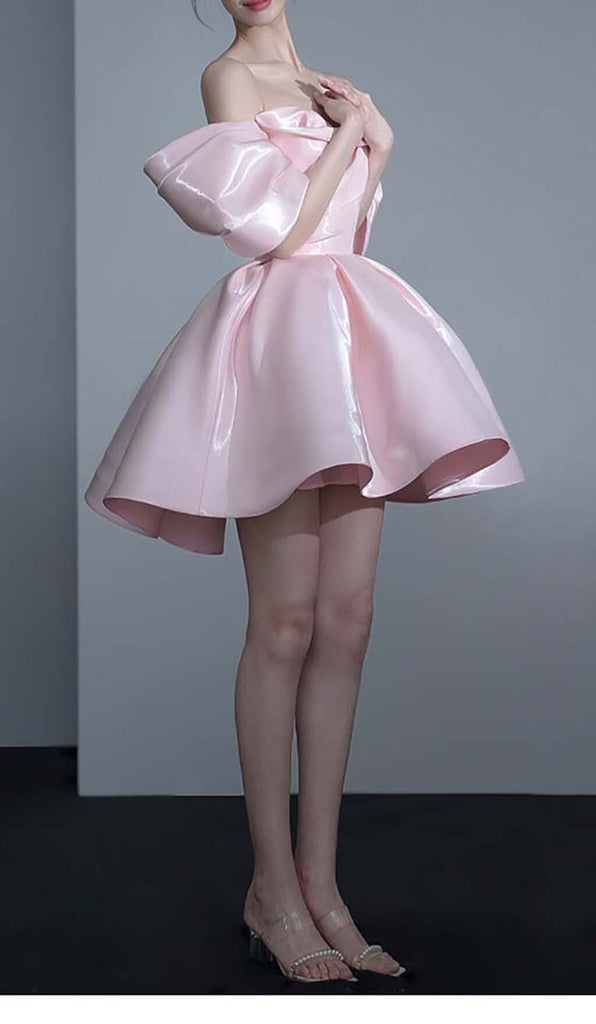 OFF SHOULDER SATIN MINI DRESS IN PINK DRESS styleofcb 