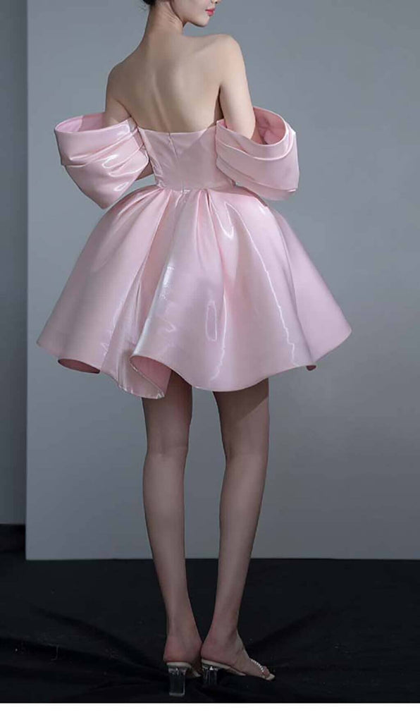 OFF SHOULDER SATIN MINI DRESS IN PINK DRESS styleofcb 
