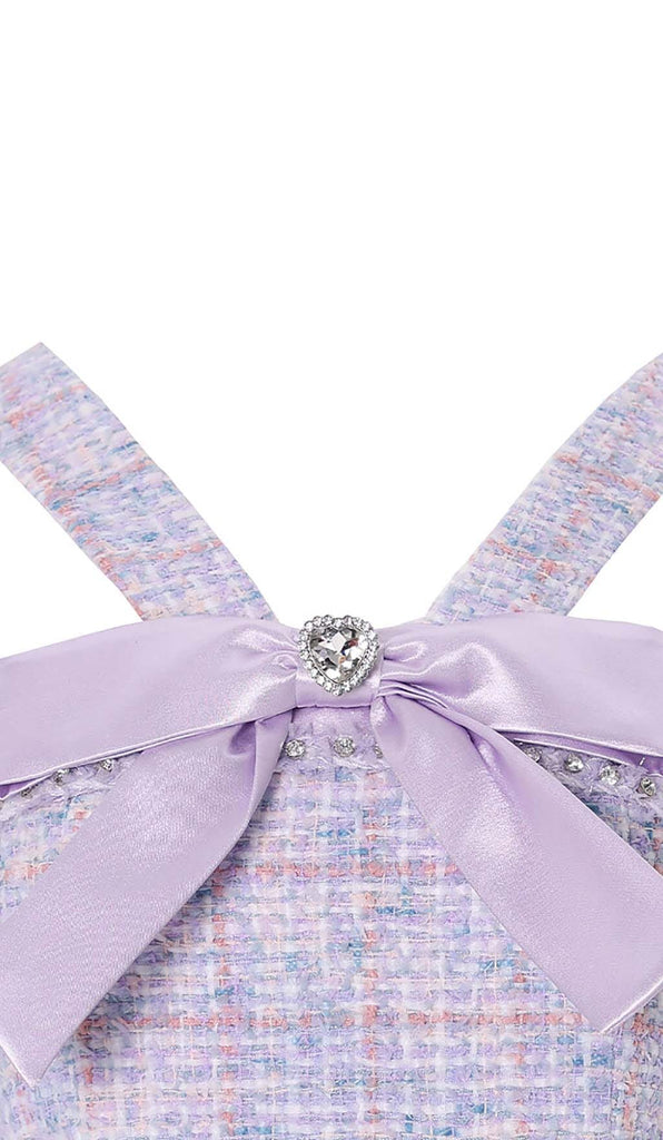 RHINESTONE BOWTIE TWEED MINI DRESS IN PURPLE DRESS STYLE OF CB 
