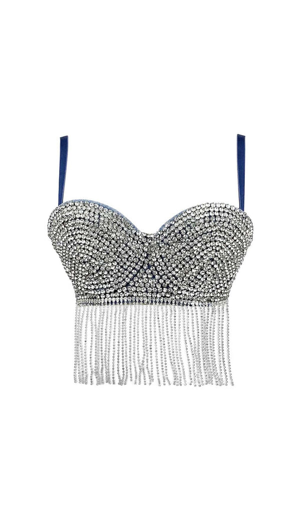 RHINESTONE TASSEL DENIM CROPPED TOP IN BLUE DRESS STYLE OF CB 