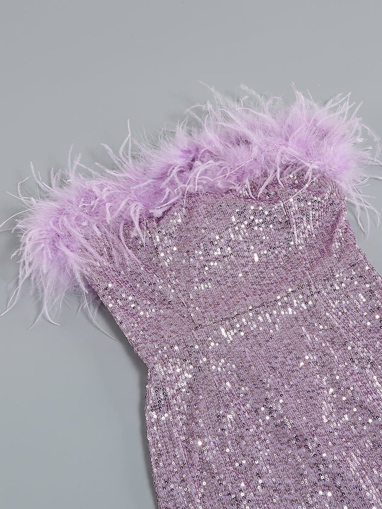 SEQUIN FEATHER STRAPLESS MINI DRESS IN PURPLE styleofcb 