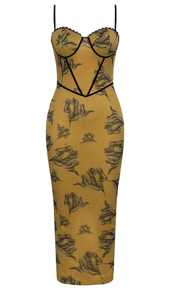 FLORAL STRAPPY CORSET MIDI DRESS DRESS STYLE OF CB XS BROWN 