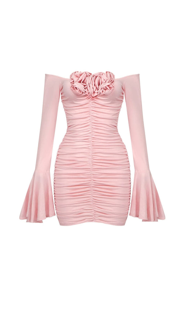 FLOWER-EMBELLISHED RUCHED MINI DRESS IN COTTON CANDY DRESS STYLE OF CB 